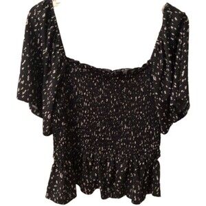 MITTOSHOP LARGE BLACK SMOCKED PATTERNED PEPLUM TOP PUFF OFF SHOULDER SLEEVES